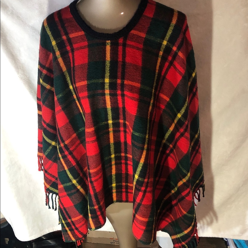 Vintage Plaid Red and Green Poncho/Shawl